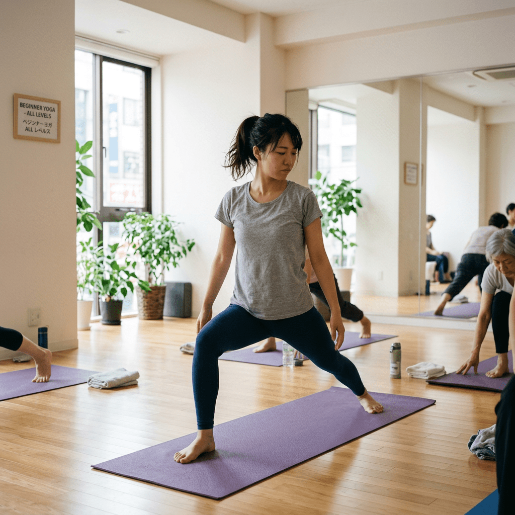 Woman practicing a wide-legged yoga pose on a purple mat